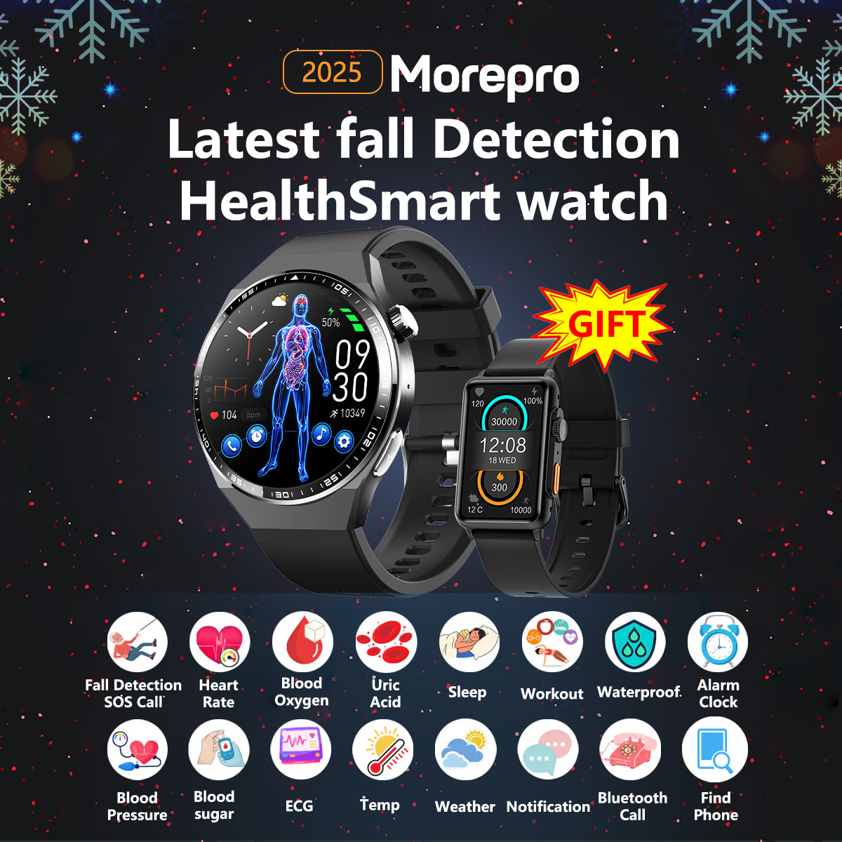 MorePro AegisFit Fall Detection Smartwatch with Advanced ECG + Blood Pressure + Blood Oxygen + Uric Acid + Activity Tracking + Emergency SOS+Free Watch🎁