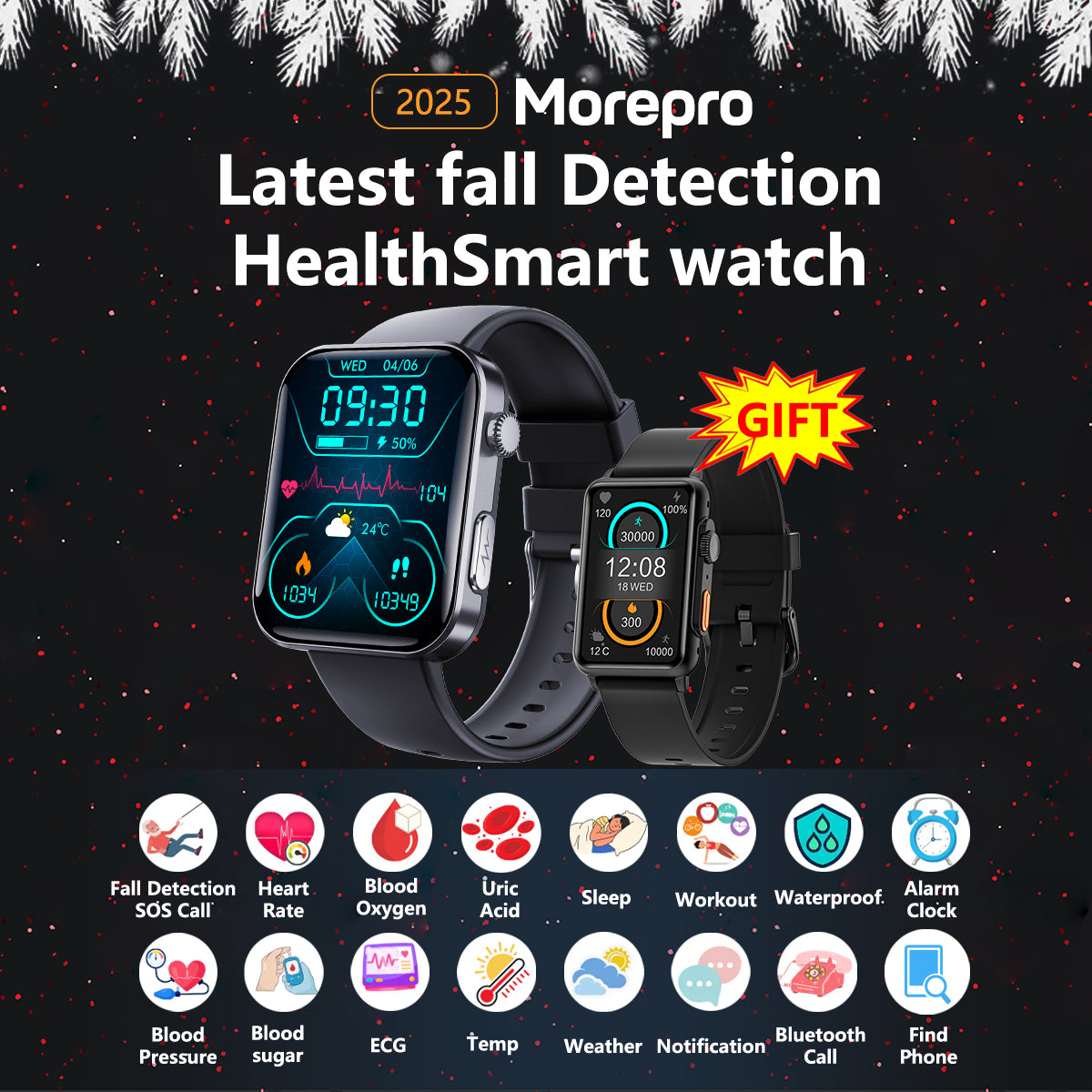 Fall Detection Watch For Seniors with Blood Glucose Monitoring +Blood Pressure + ECG + Heart Rate+SpO2 + Fitness Tracking + HM68 Watch Gift🎁