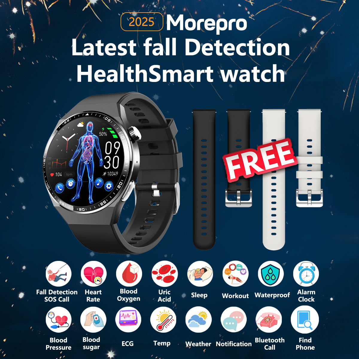 MorePro AegisFit Fall Detection Smartwatch with Advanced ECG + Blood Pressure + Blood Oxygen + Uric Acid + Activity Tracking + Emergency SOS+Free Watch🎁